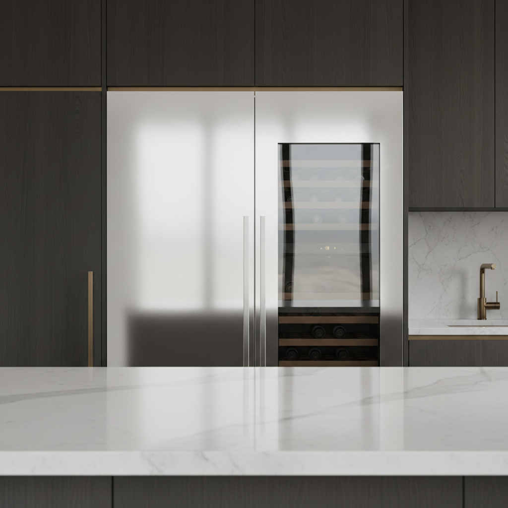 Built-in refrigerator and wine cooler in a high-end kitchen