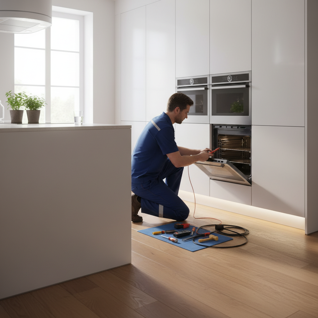 Technician repairing a built-in oven